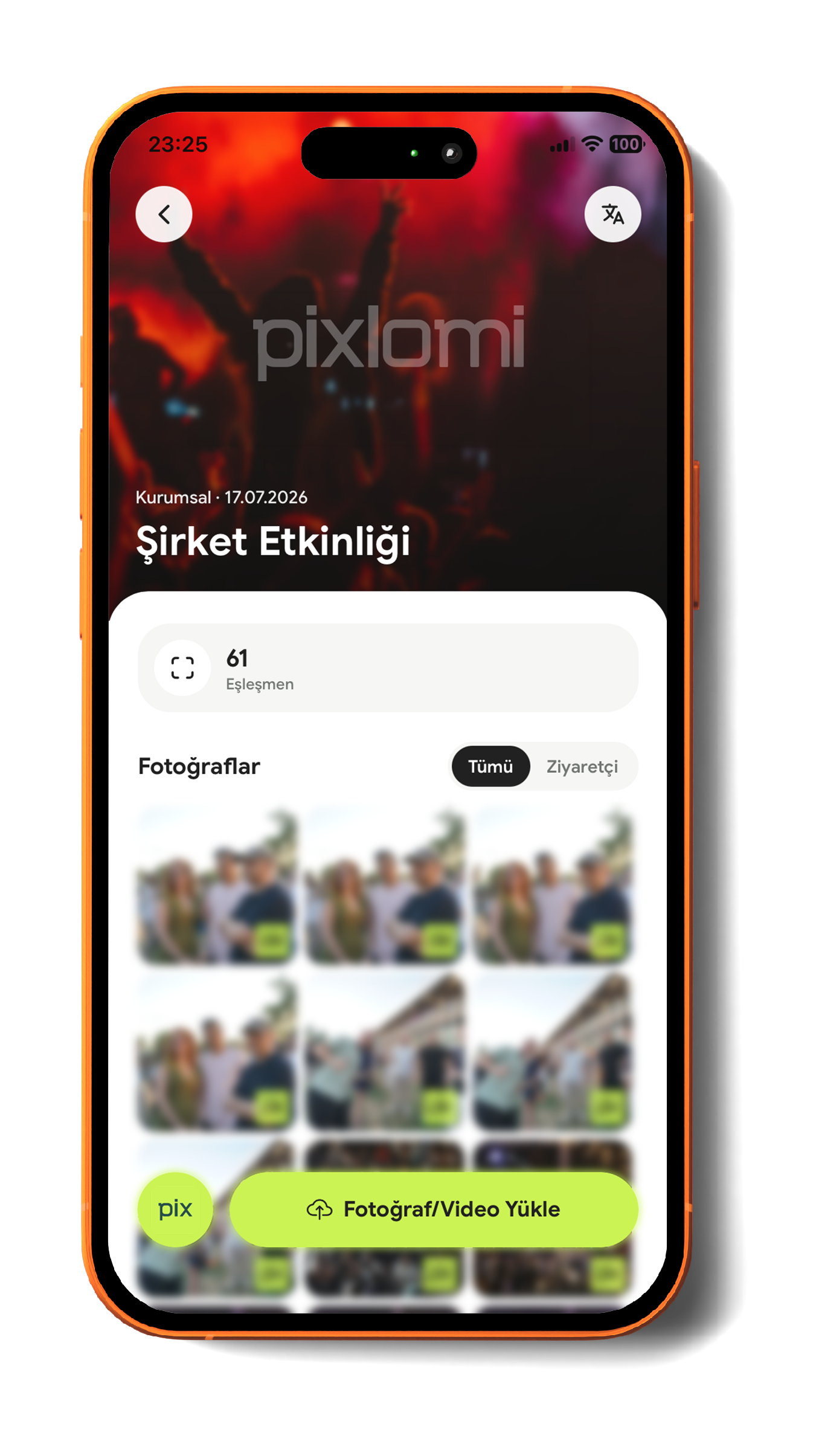 Pixlomi uygulaması — etkinlik eşleşmeleri